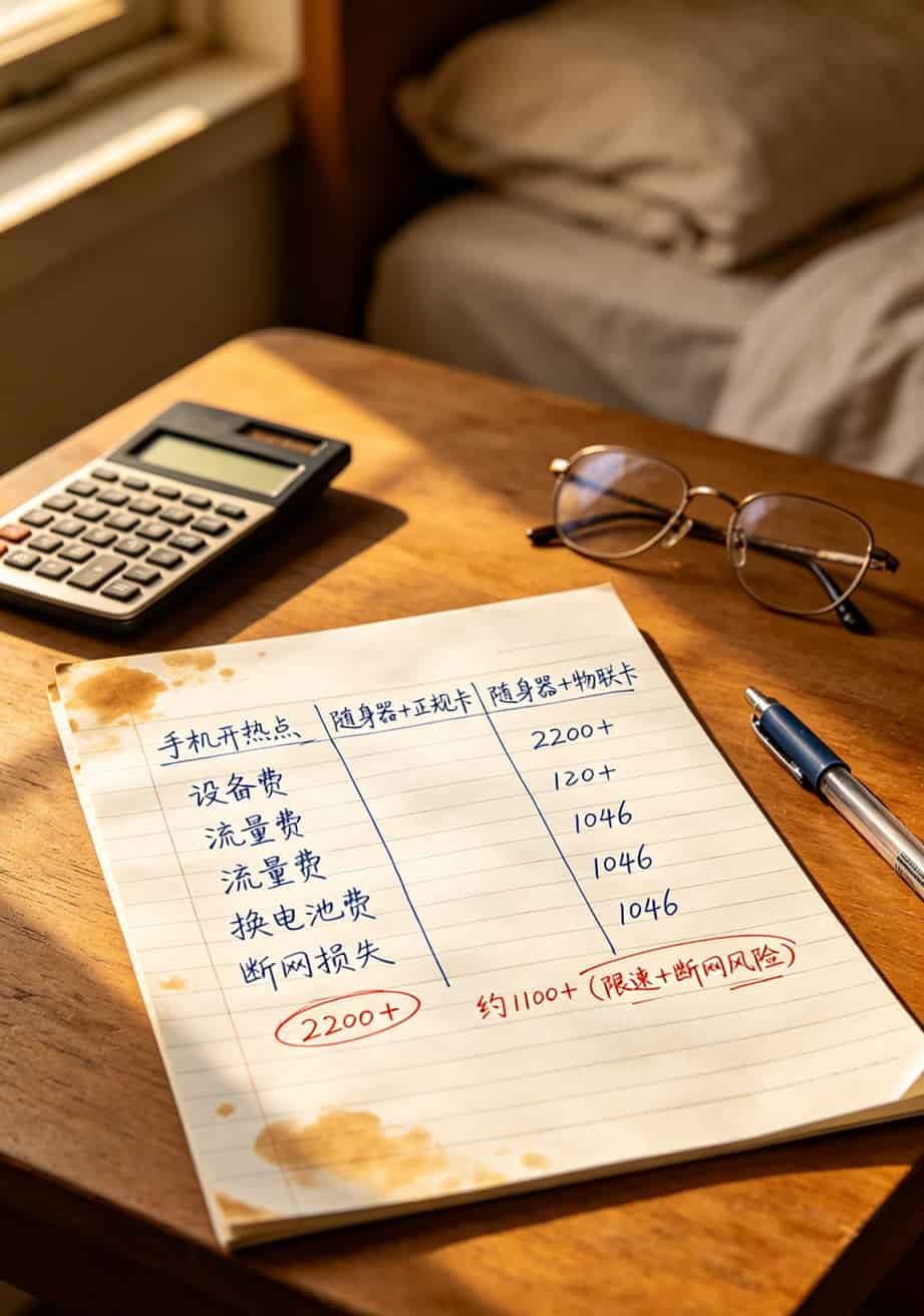 打游戏460ms烦不烦?实测两个月,这种“wifi不卡流量卡”真能救你 一张手写的成本对比表格,三种方案两年总费用清晰列出