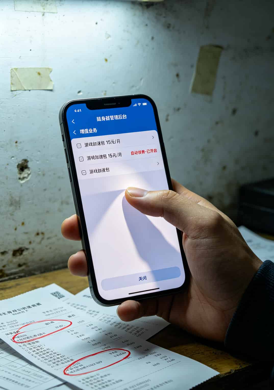 打游戏460ms烦不烦?实测两个月,这种“wifi不卡流量卡”真能救你 手机后台截图,显示“游戏加速包”自动续费已开启,用户正手动关闭