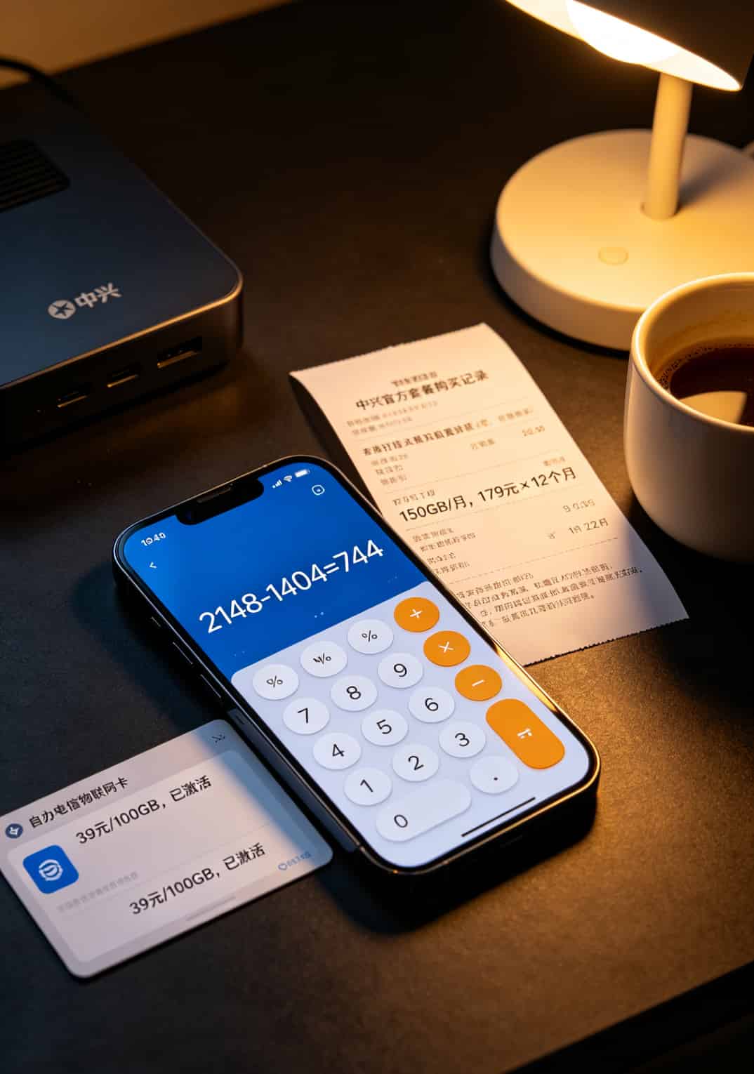 4g流量卡怎么办理?中兴随身WiFi用户折腾6张卡后的最终答案 计算器截图,显示2148减去1404等于744