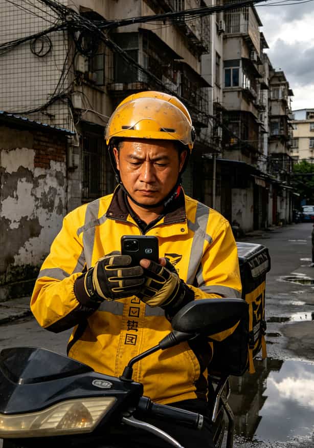 跑断腿才搞清楚:按天收费的流量卡,这3种人买了一年省500,另外2种人买就是交智商税 外卖骑手正在看手机接单的街拍图