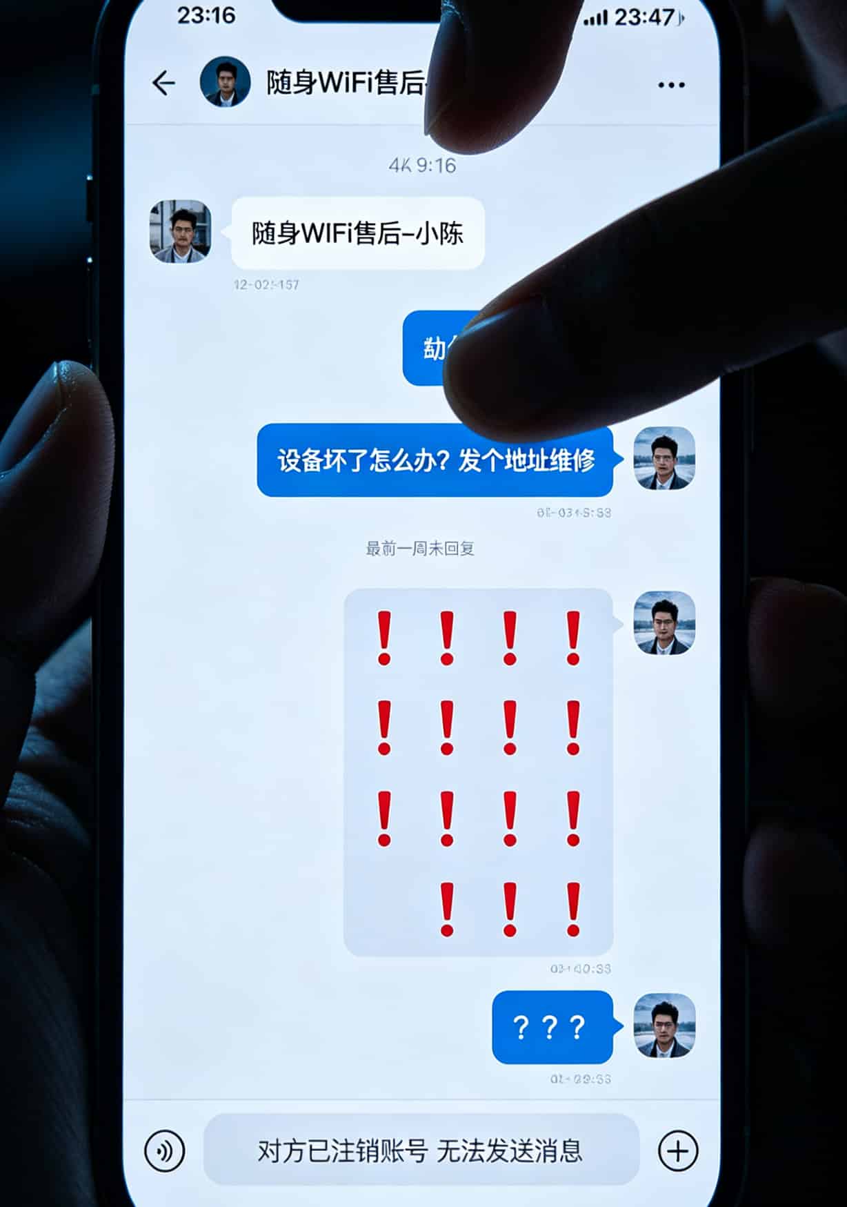 自驾八年,踩坑七次:一张“超值19元流量卡”让我在雪山上差点社死 聊天记录截图,显示售后微信号已注销无法联系