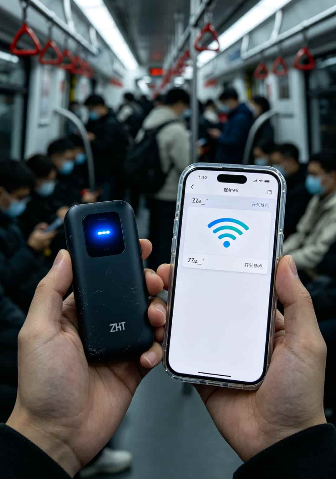 中兴随身WiFi配9元15g流量卡,实测半年省下一顿火锅钱 地铁上使用中兴随身WiFi的场景,手机连接WiFi图标亮着