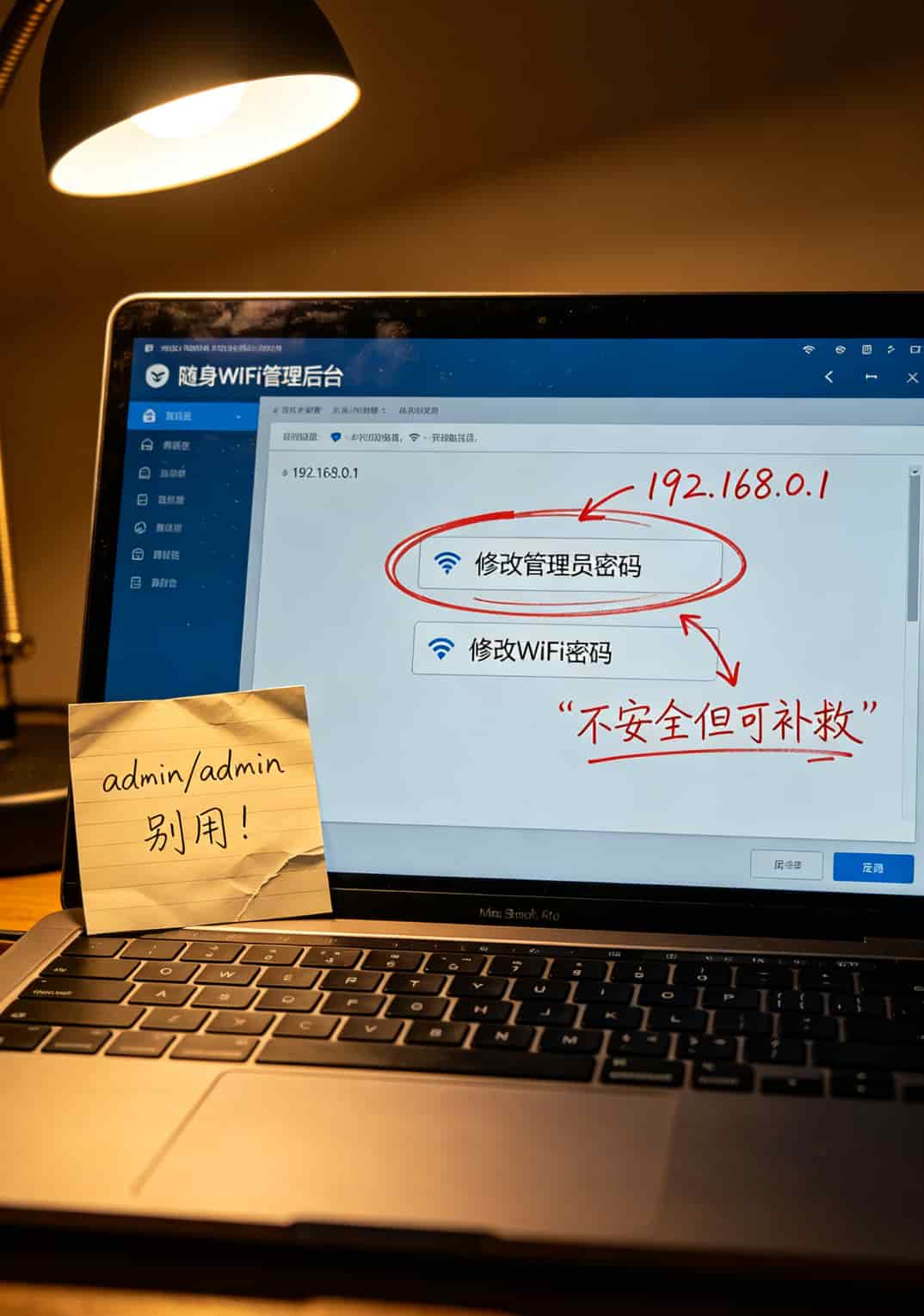 随身WiFi管理后台页面，红框标出“修改管理员密码”按钮