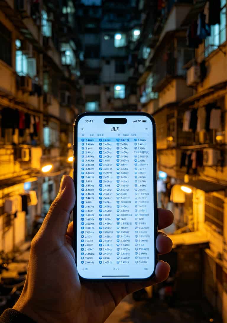 副卡、流量卡哪个坑更深?广州老张亏了800块才搞明白,你听听少走弯路 手机WiFi扫描界面显示2.4GHz频段信道拥挤