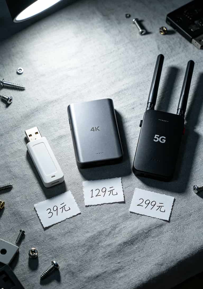 超大流量网络流量卡别再乱买了!我踩坑3个月,把经验全抖出来(附真实省钱技巧) 三款不同价位的随身WiFi并排放置,价格标签清晰可见