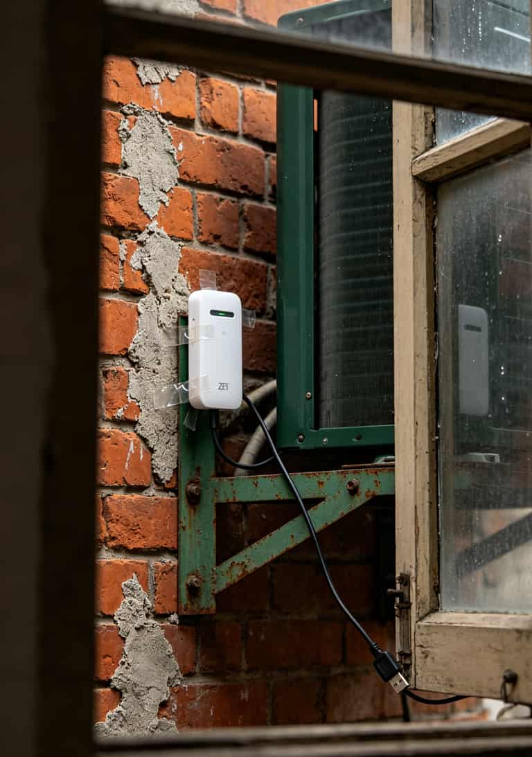 中兴随身WiFi天线版好用吗?配上“爱心卡19元流量”才真香 汉口老小区红砖外墙,空调外机上挂着一个随身WiFi