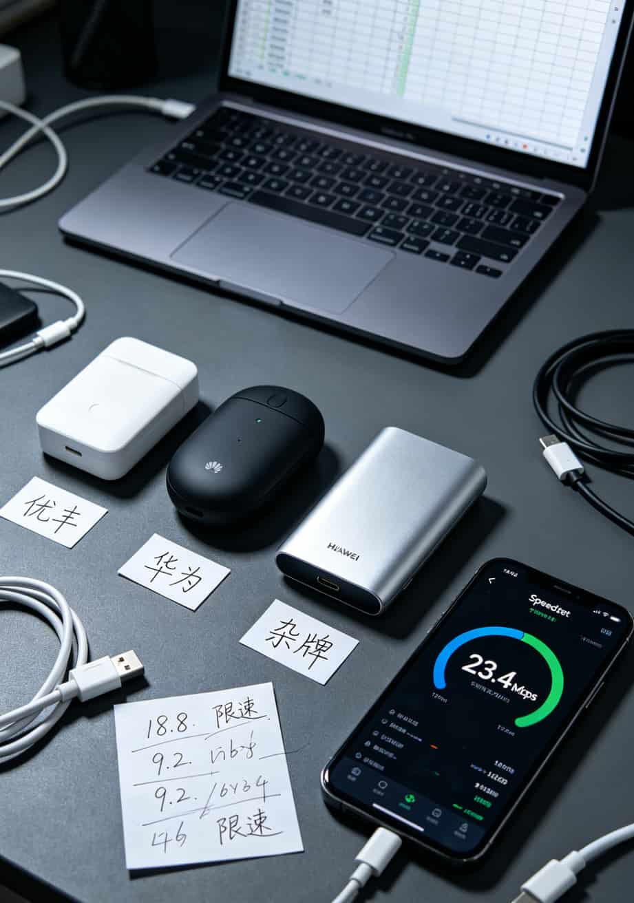 9元200g流量卡是什么套路?我替你们踩了3次坑,亏了1000块才弄明白 三台不同品牌的随身WiFi并排放着,旁边有一台手机显示测速结果