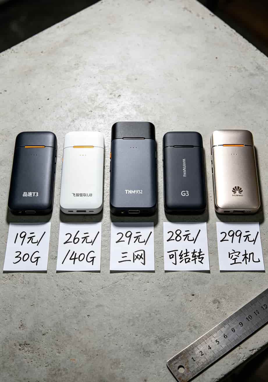不可打电话的流量卡是真的吗?真!但别盯着19元3000G下单 五款随身WiFi并排对比图,标注价格、月租、核心优缺点