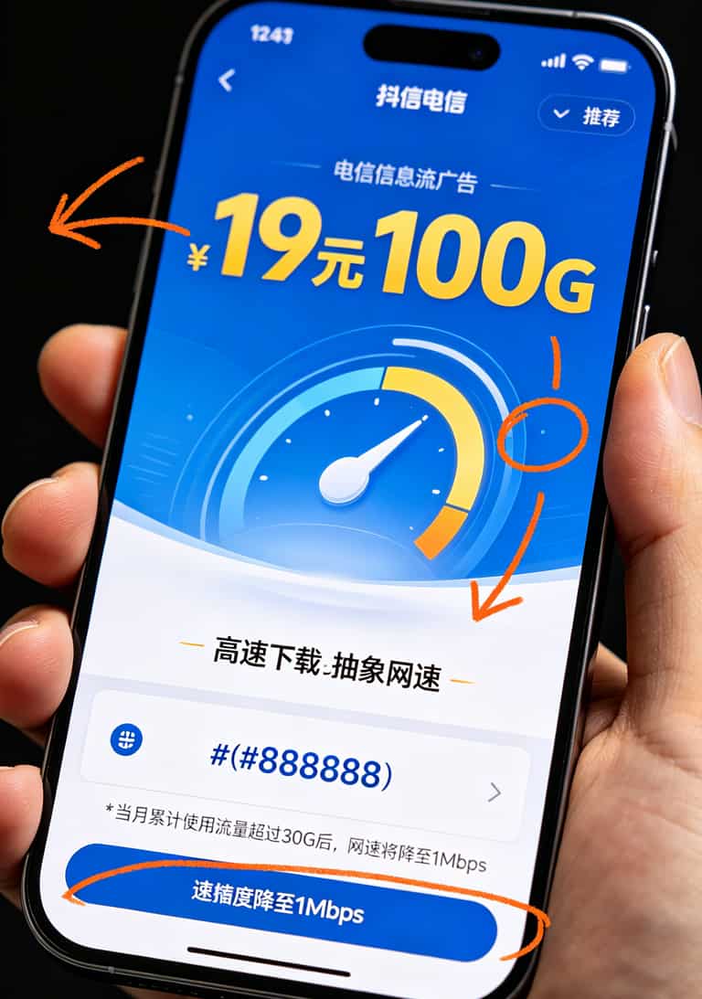 抖音广告截图，套餐详情页底部小字“达量降速”的特写