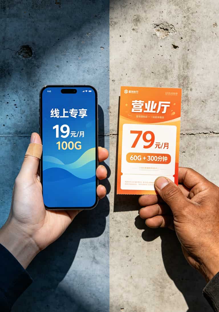 别再被坑了!2026超划算的流量卡有哪些?我用8年经验告诉你 线上19元套餐与线下79元套餐价格对比图
