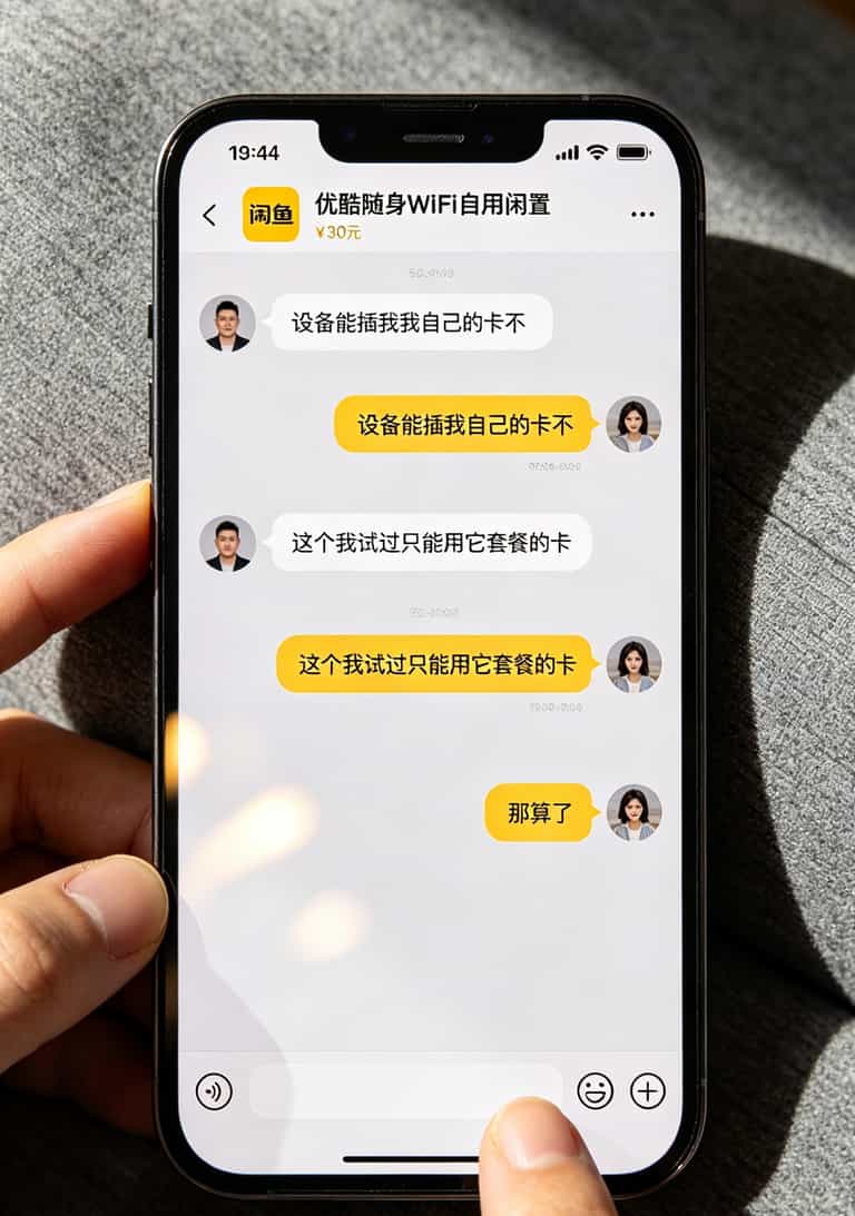 便宜的电信流量卡,我劝你别随便买!郑州跑业务的半年血泪史 闲鱼二手随身WiFi设备购买聊天记录截图