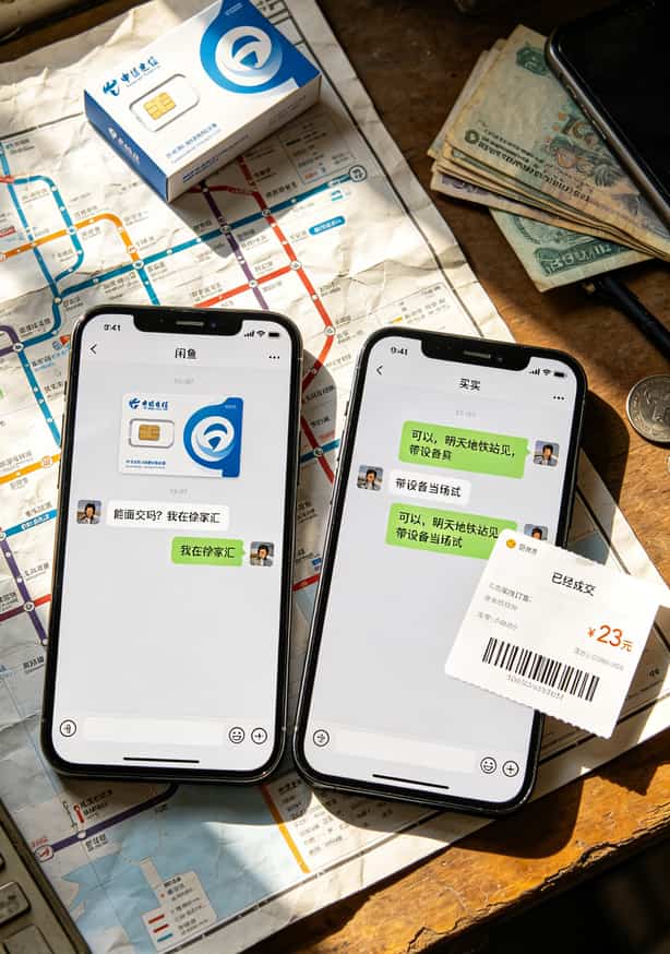 一张电信流量的卡+一个300块的随身WiFi,三年能省一台红米手机 闲鱼搜索本地面交电信卡的聊天记录示意图