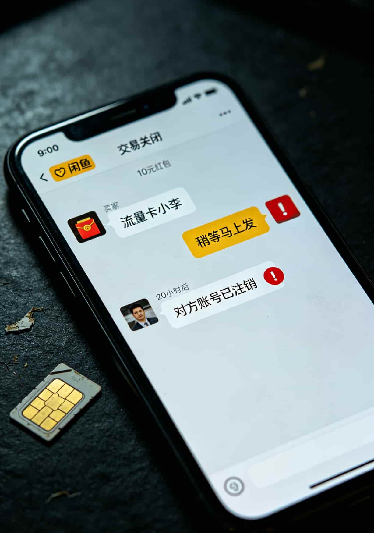折腾了12张手机卡后,我找到了真正便宜的移动流量卡(附避坑指南) 闲鱼聊天记录截图,卖家收钱后账号已注销