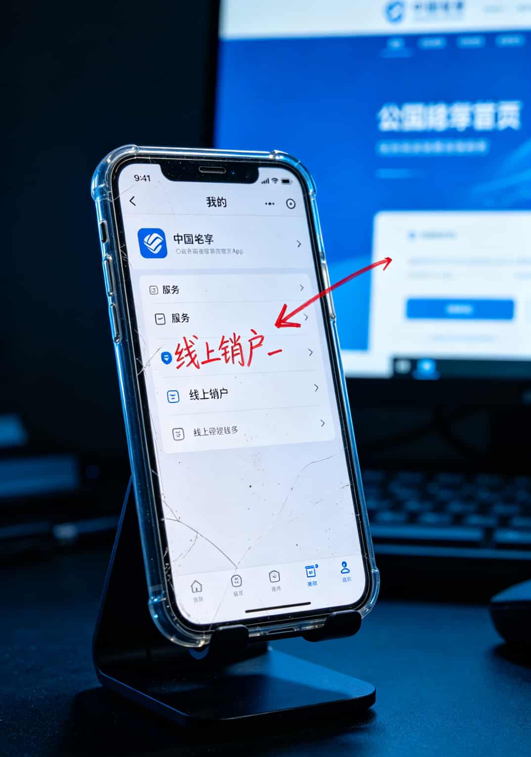 流量卡便宜流量多?别再交智商税了!老周8年实战给你兜底 运营商App销户页面的截图,用箭头标出“线上销户”入口