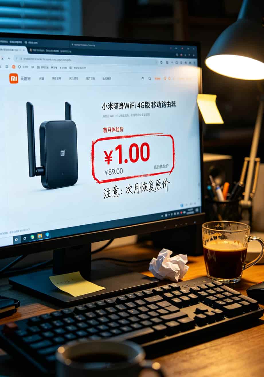 天猫小米随身WiFi商品页截图，首月1元体验被红框标出