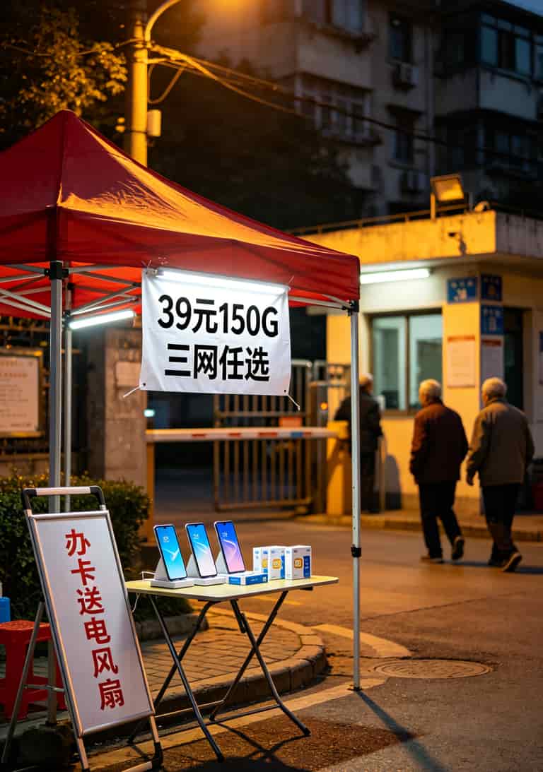 办什么卡便宜流量多?2026流量卡终极避坑指南 | 联通29元103G实测一年没翻车 小区门口的通信代理点摊位,红色帐篷上写着“39元150G”