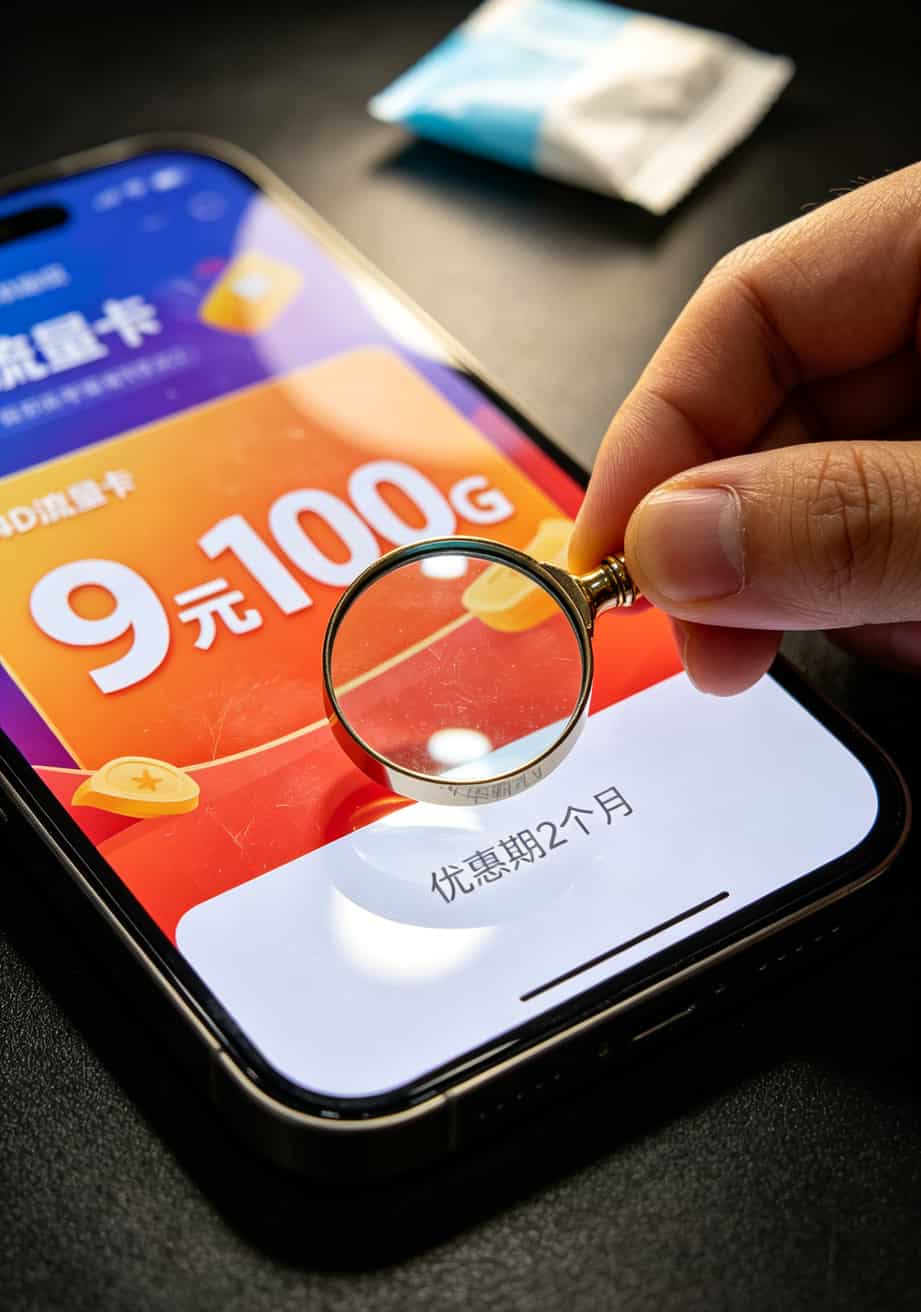 卖过两年卡的人掏心窝:电信流量卡手机卡办理前看完这篇,能省720块 流量卡详情页小字陷阱示例,灰色小字标注优惠期