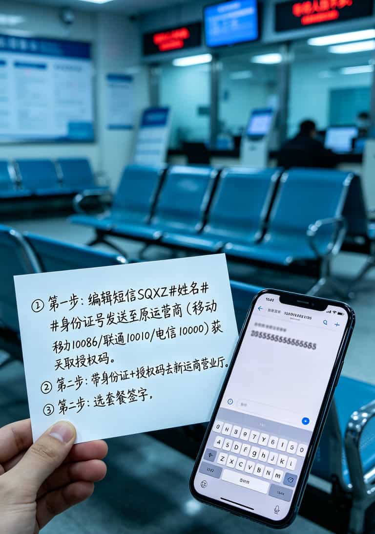 办一个移动流量卡多少钱一个月?老张掏心窝:19块是坑,59块最稳 携号转网操作流程示意图,标注关键步骤
