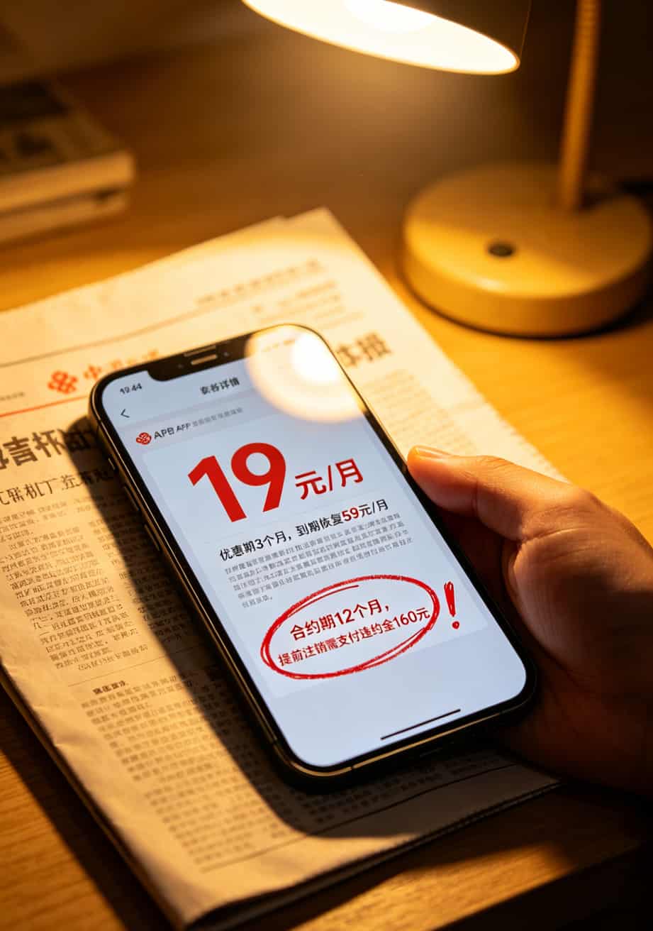 被坑了11次才找到这个“纯移动流量卡申请入口”,百元话费变30(纯干货) 运营商APP套餐详情页面,红圈标出小字优惠期和合约期说明