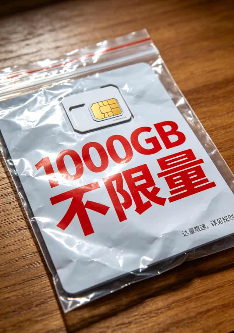 车联网流量卡是坑还是宝?你拿手机套餐对一下就知道了 一张简易流量卡的包装袋,上面印着1000GB大字宣传,角落有极小字体的限速说明