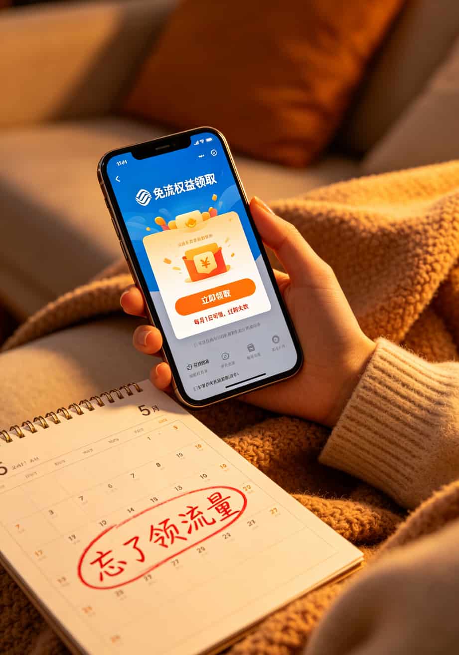 办免流量卡多少钱一张?2026真实避坑指南(老张实测) 移动花卡App里领取免流权益的页面截图
