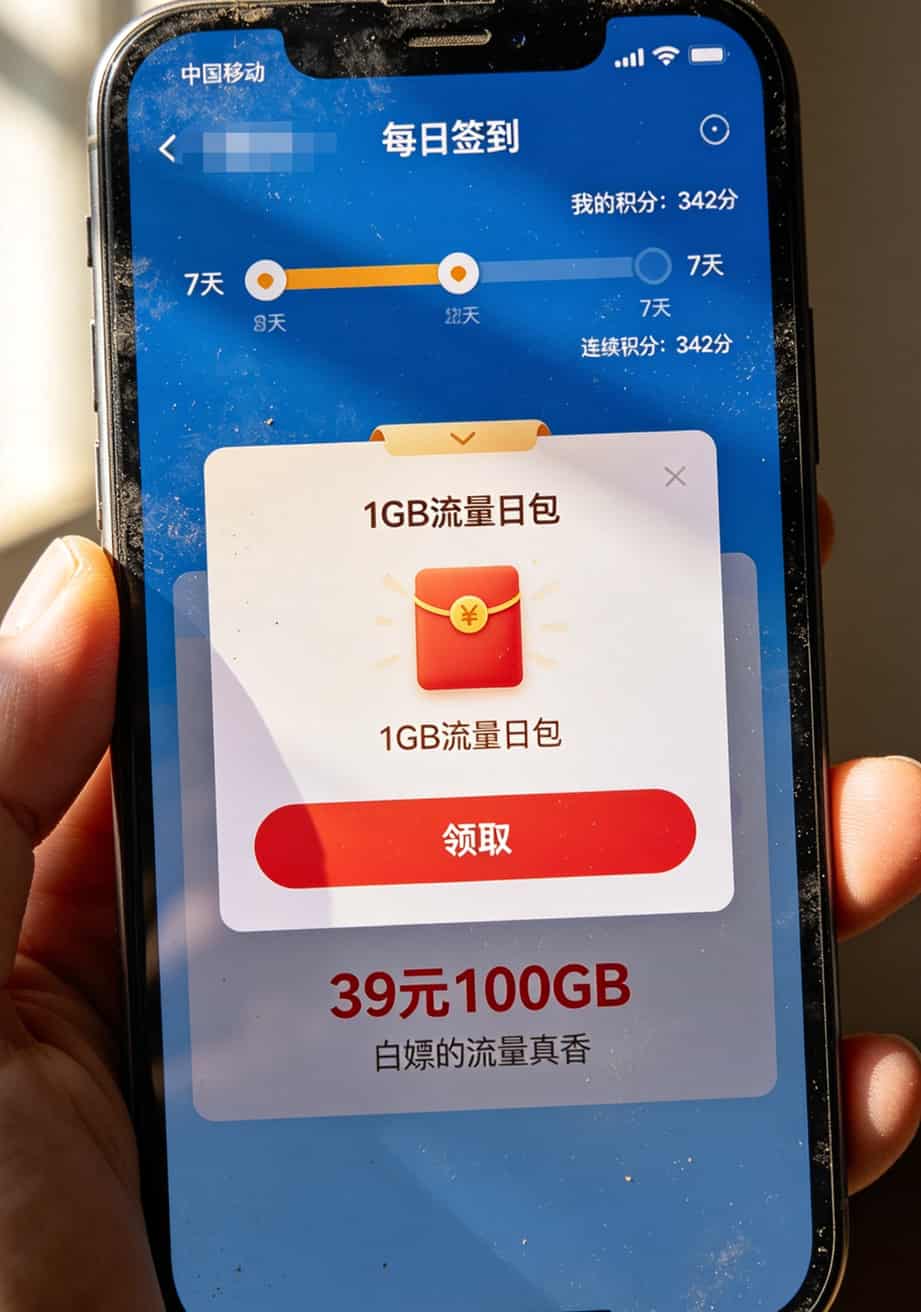 车载流量卡怎么办理?跑网约车6年老司机:听我的,每月39块100G就够了 中国移动APP签到页面,显示连续签到7天领取1GB流量