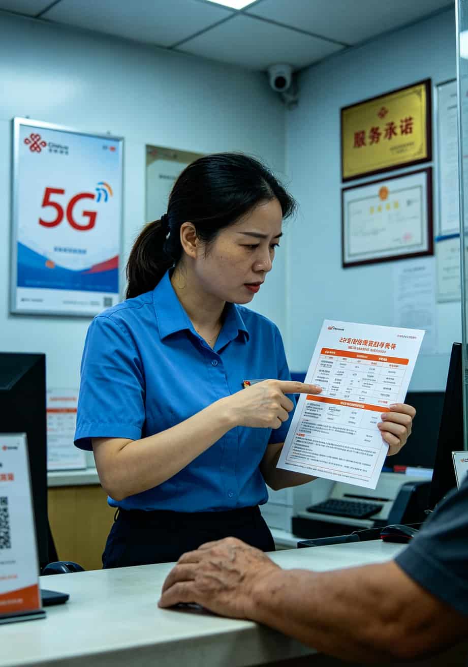 19元流量卡了?我劝你先看完这3个真实翻车现场(附避坑指南) 中国联通营业厅柜台,一名女性工作人员正在跟顾客解释套餐