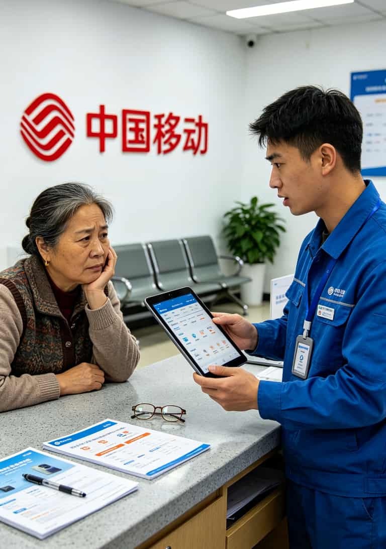 被坑了11次才找到这个“纯移动流量卡申请入口”,百元话费变30(纯干货) 移动营业厅内部场景,工作人员拿着平板向顾客介绍套餐