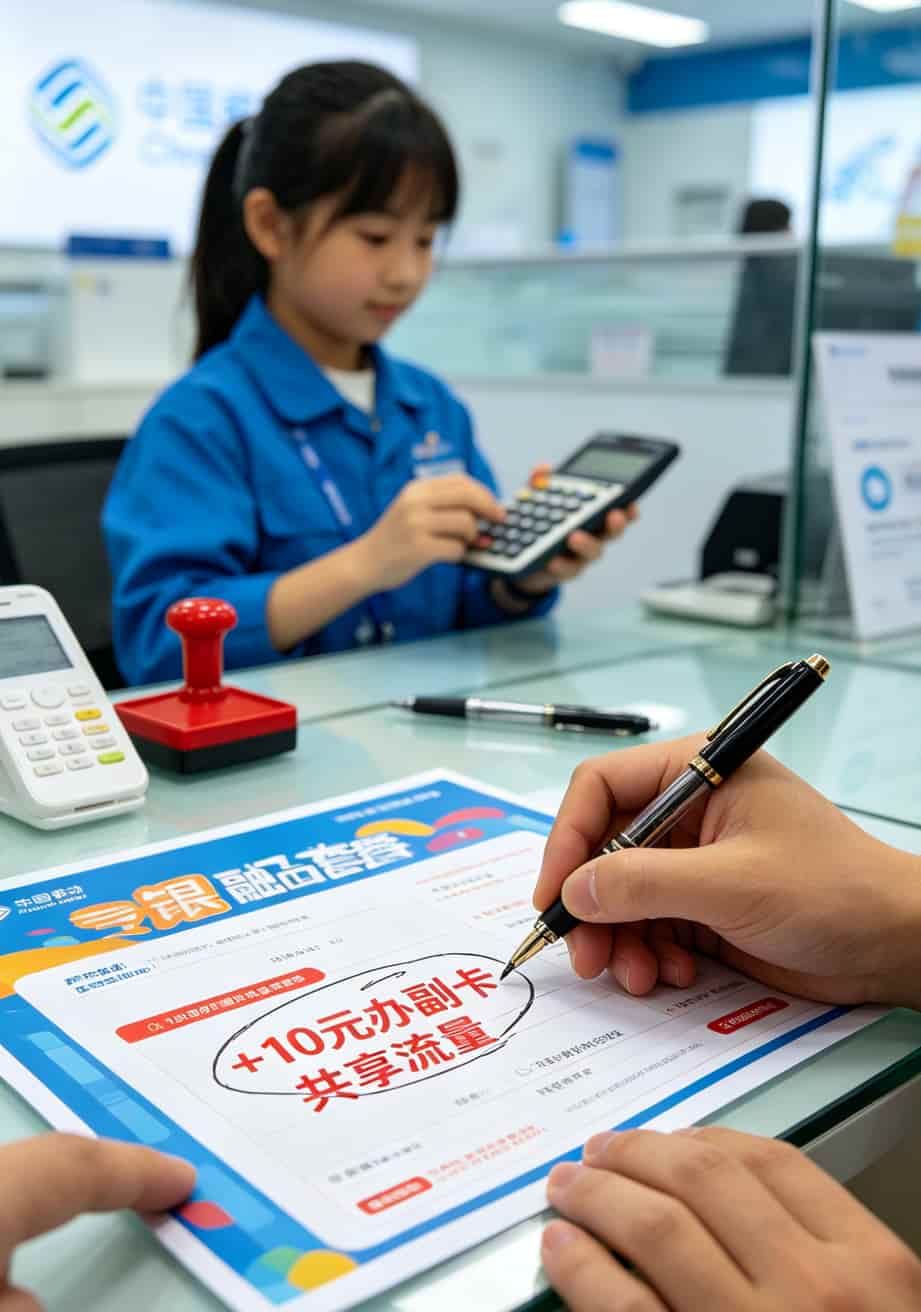 19元不限流流量卡移动套餐,我用了三个月亏了200块(真人实测避坑) 移动营业厅融合套餐宣传单页实拍,重点标出10元副卡