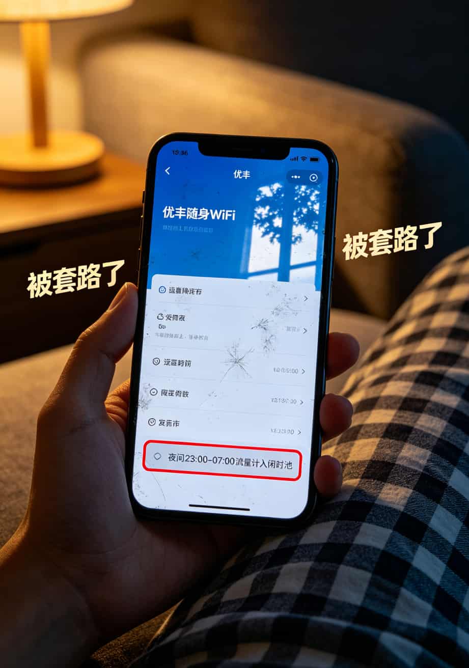 便宜的流量卡什么套路?亲身换了3台随身WiFi后,我劝你别贪那9块9 优丰套餐详情页截图,小字标注闲时流量规则