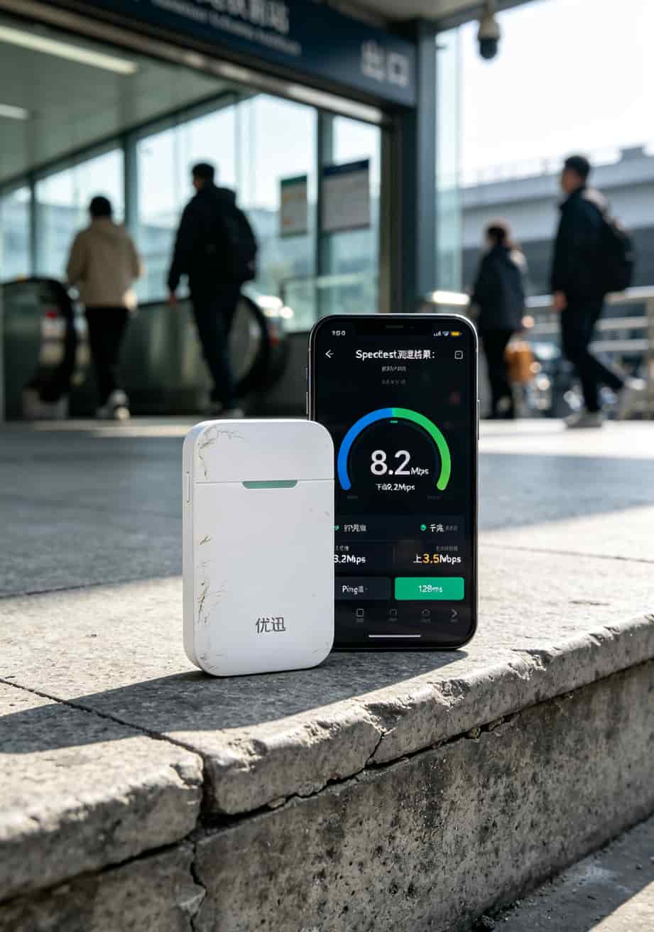 优讯随身WiFi设备实拍，旁边手机显示网速测试结果仅8Mbps