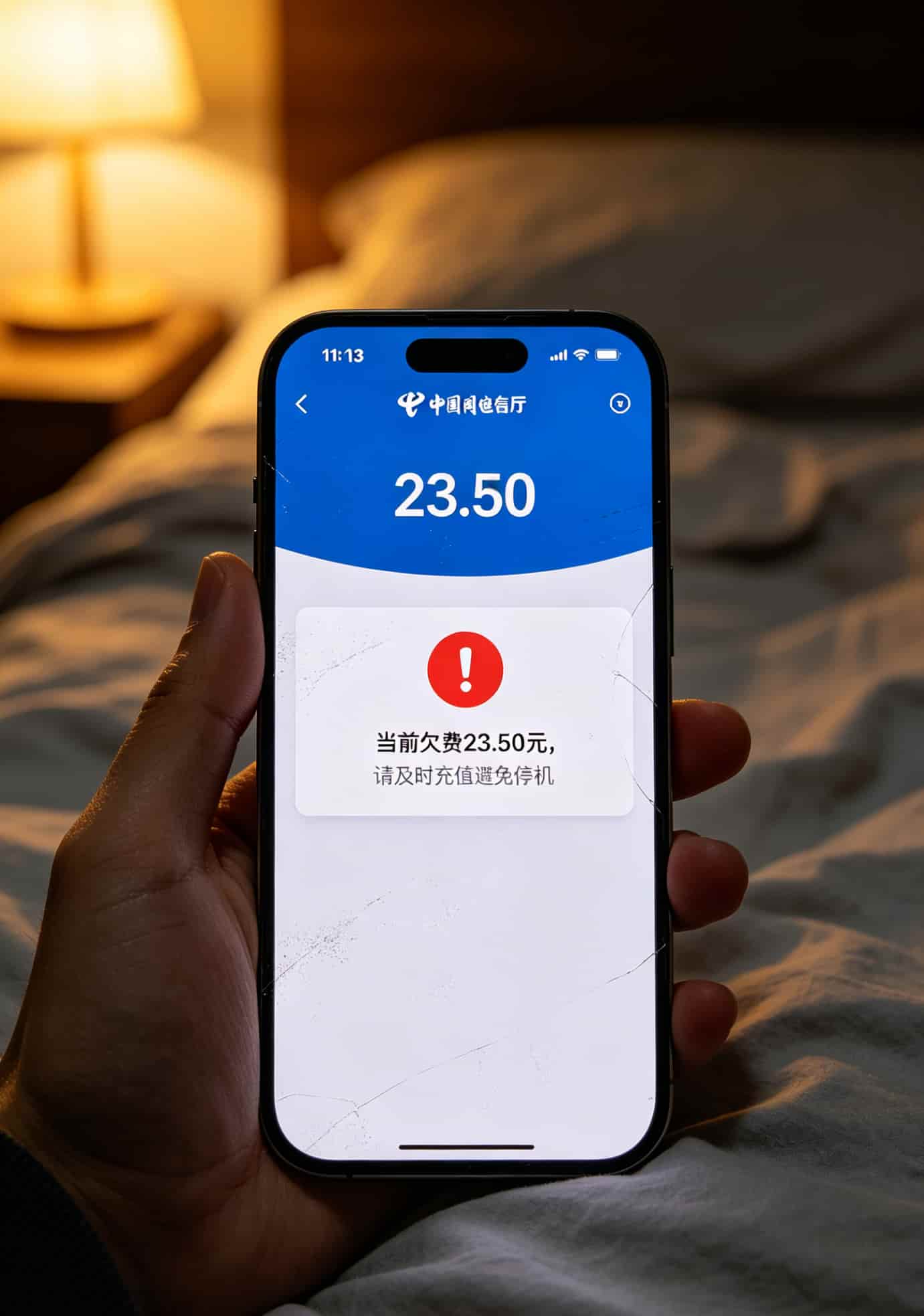 办了十几张卡亏了上千块,我才敢说:2026年流量卡比较划算的套餐长这样 手机营业厅APP余额不足的提醒截图,显示欠费23.5元