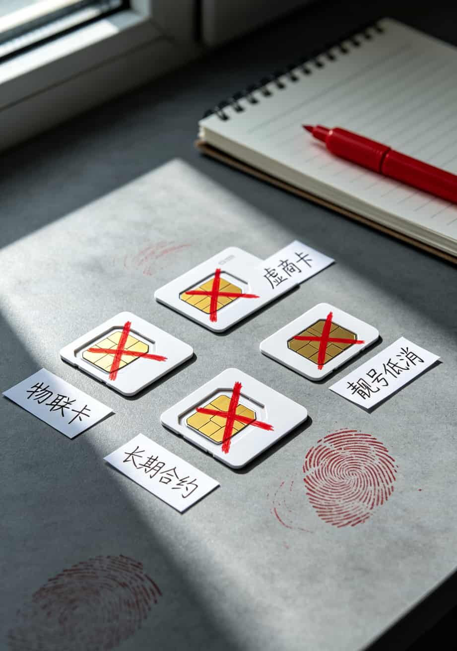办流量卡三年踩坑无数,这份「办理流量卡套餐」防坑指南值一顿烧烤 红叉标记在四张不同类型的流量卡上