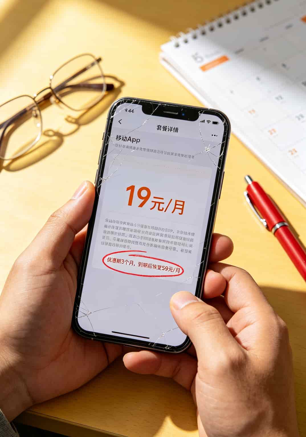 办一个移动流量卡多少钱一个月?老张掏心窝:19块是坑,59块最稳 运营商APP套餐详情页截图,红圈标出隐藏的小字说明