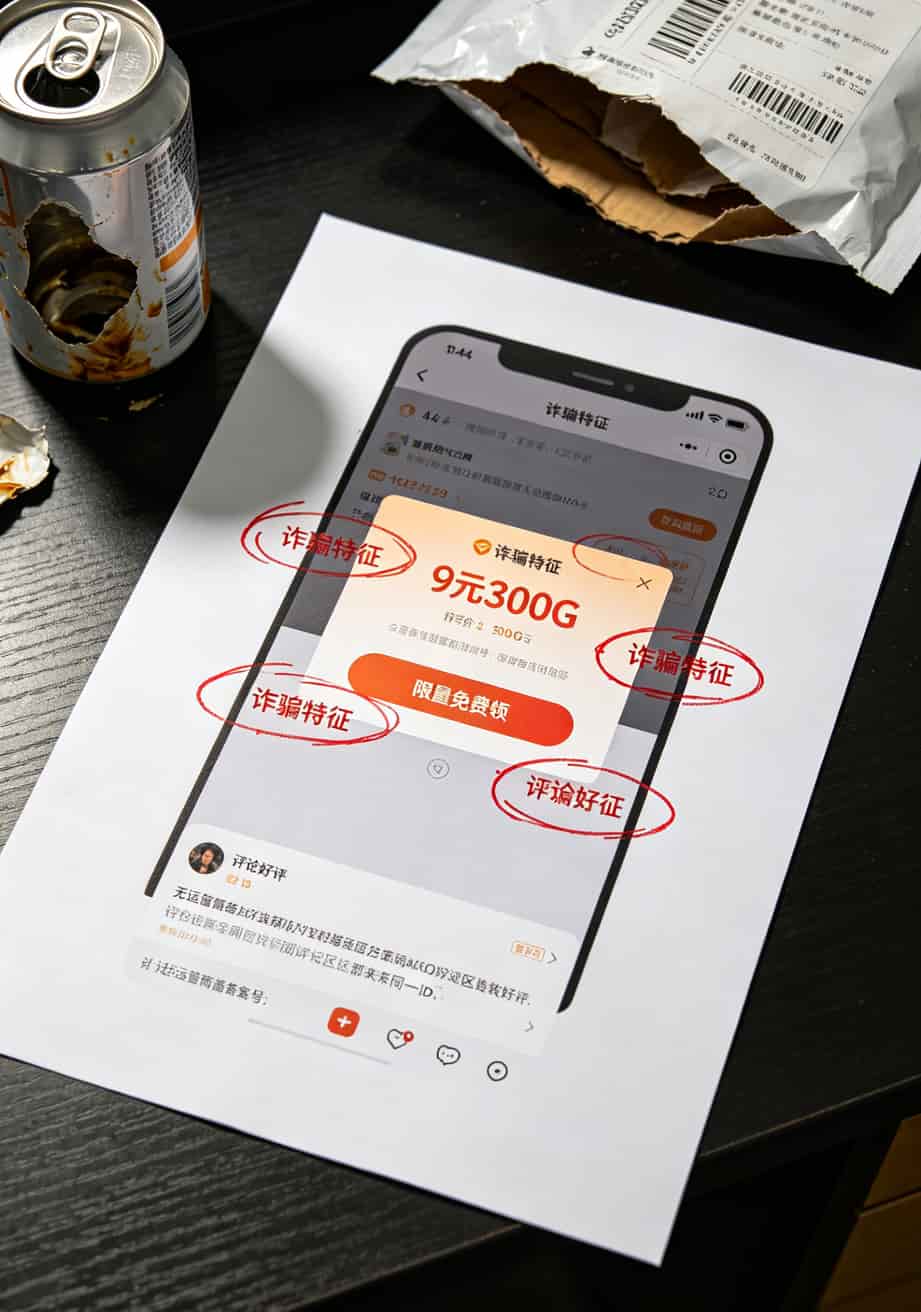 办一个移动流量卡多少钱一个月?老张掏心窝:19块是坑,59块最稳 典型诈骗流量卡广告截图,标注四个可疑点