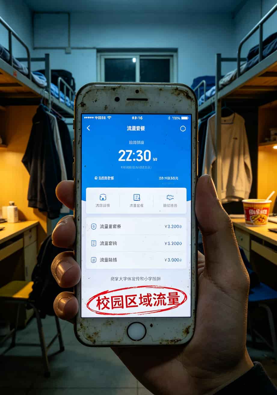 跑了5年手机店,终于搞懂电信9元卡流量办理的真相(附避坑清单) 手机截图显示流量套餐详情页,小字部分用红圈标注“校园区域流量”