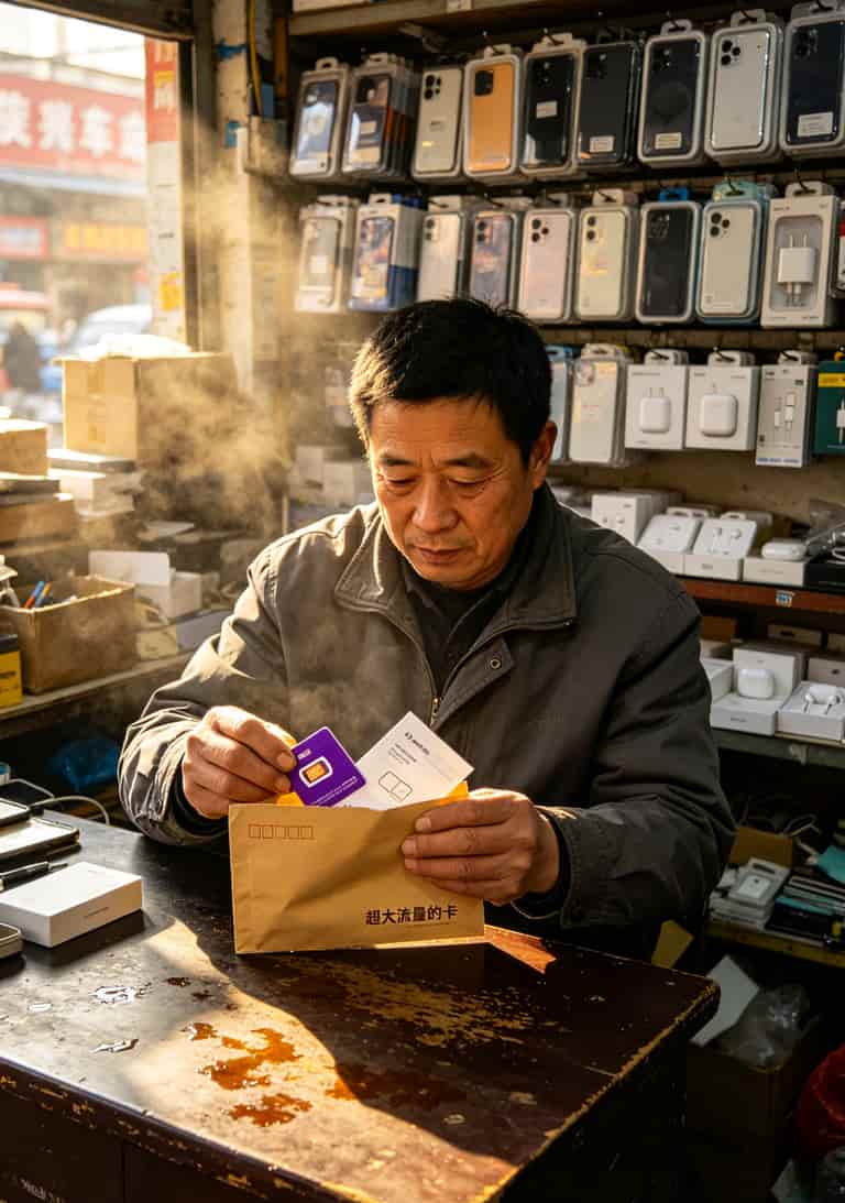 流量卡的坑我踩了5回,这份避坑指南帮你一年省下500块(附 **超大流量的卡** 真实测评) 郑州火车站附近小商品城档口,一个中年男人正在拆快递盒里的流量卡