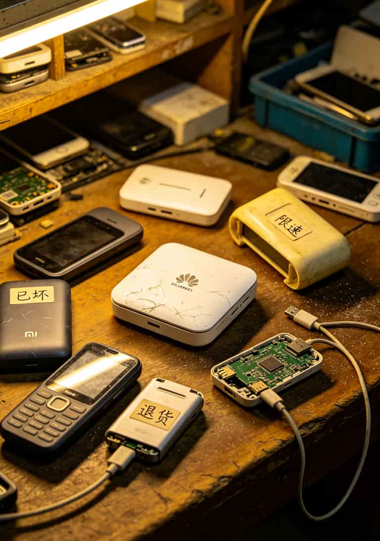 郑州科技市场老王实测十款随身WiFi设备堆在一起的照片，有华为、小米、杂牌机