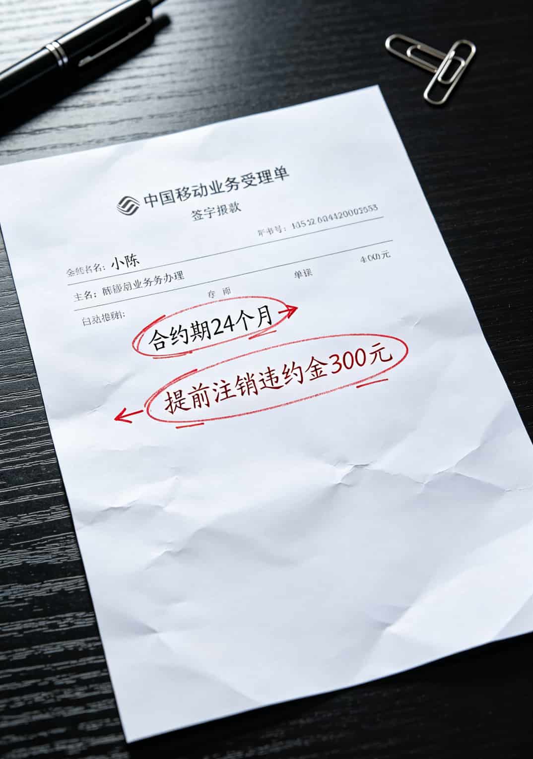一张流量卡让我跑了三趟营业厅,2026年超级流量卡多少钱才不坑?这篇给你讲透 一张移动营业厅的业务受理单,合约期条款被红圈标出