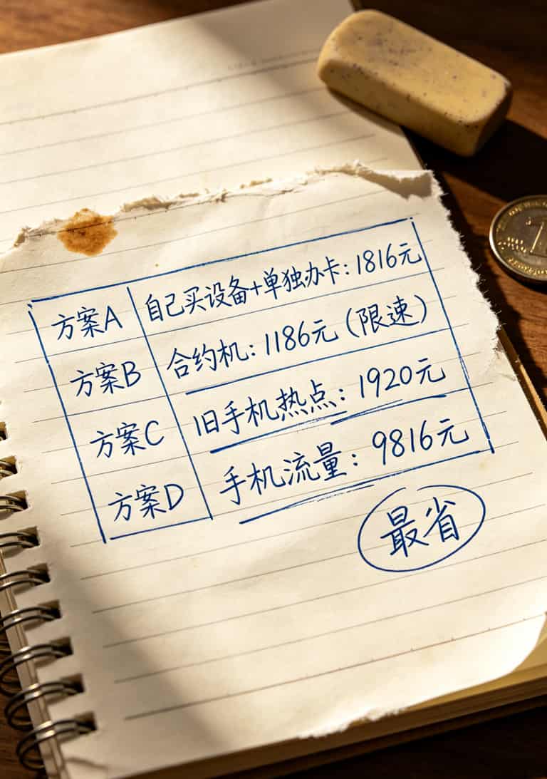 一张流量卡让我跑了三趟营业厅,2026年超级流量卡多少钱才不坑?这篇给你讲透 一张手写的计算表格,四种方案两年总花费对比