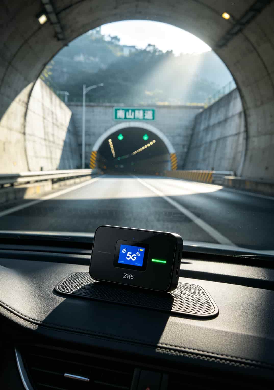车载流量卡怎么办理?跑网约车6年老司机:听我的,每月39块100G就够了 中兴随身WiFi5放置在车辆中控台上,显示5G信号满格