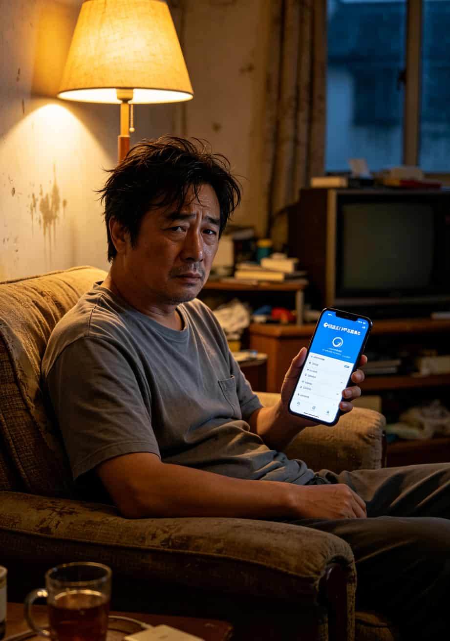 一个中年男人坐在沙发上用手机查流量的场景
