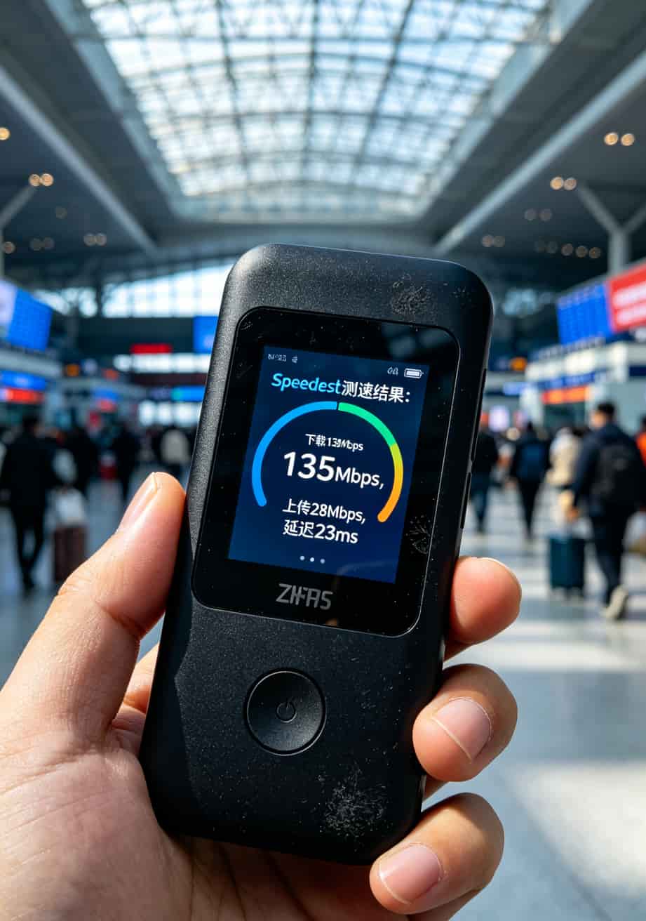 2021年流量卡别乱扔!实测5张老卡,这3种留这2种扔 中兴MF935U随身WiFi屏幕上显示网速135Mbps的实测画面