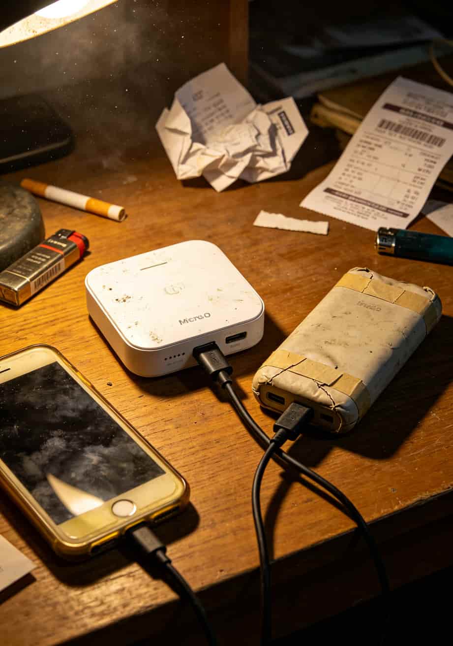 一个随身WiFi插着充电宝放在桌上，旁边有手机