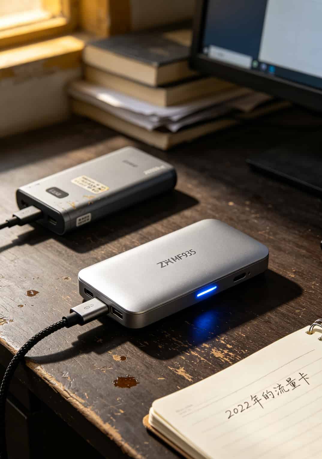 两年省下三千块?2022年的流量卡配中兴随身WiFi,这套组合我是真服了 中兴MF935随身WiFi设备实拍,插着充电宝使用