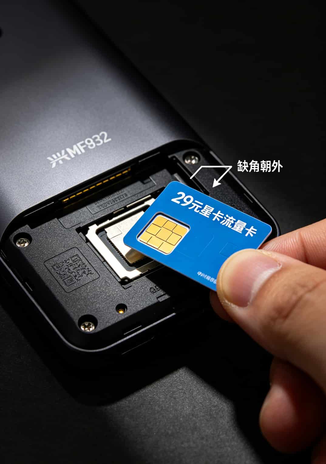 中兴随身WiFi + 29元星卡流量卡实测:打游戏延迟60-80ms,每月49块钱搞定 中兴MF932打开后盖取出电池后的SIM卡槽特写,箭头标注插入方向