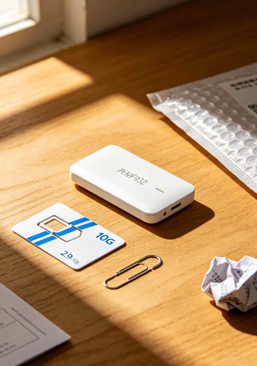 2.9元10g流量卡配中兴随身WiFi实测:月上网费压到30块,比手机热点省三分之二 中兴MF932随身WiFi设备开箱,旁边放了一张2.9元10g流量卡和卡针