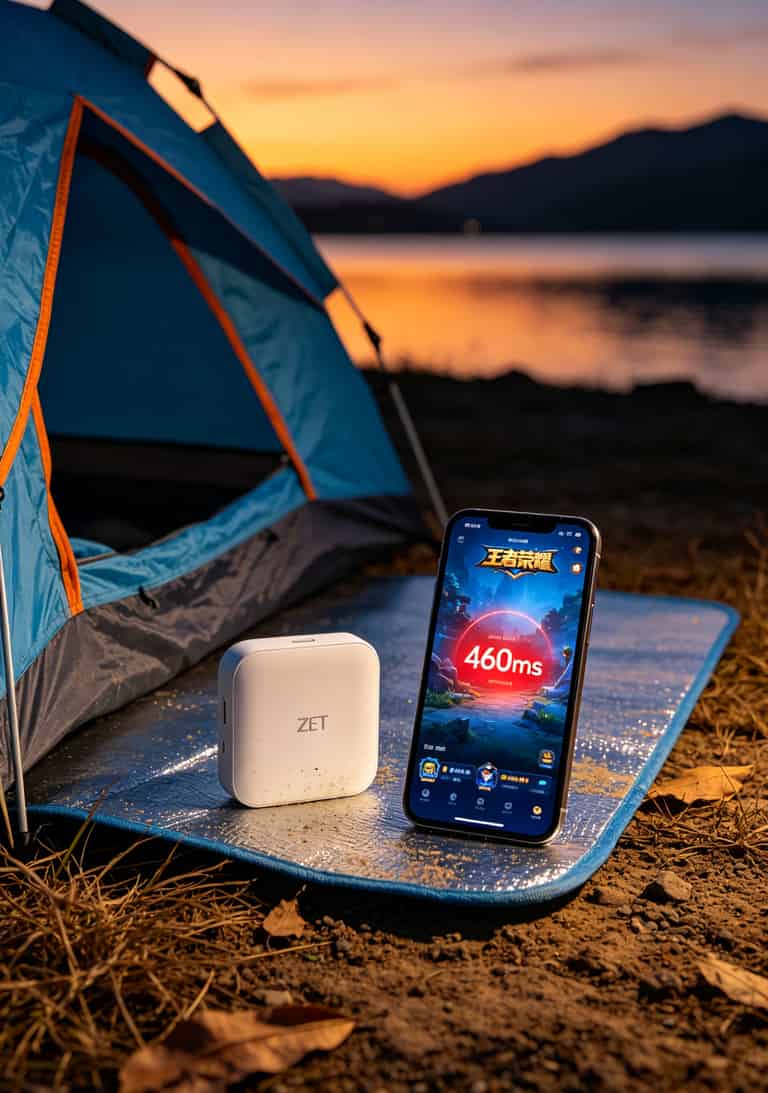 19元的移动流量卡配上中兴随身WiFi,我劝你想清楚再买(实测6张卡的真心话) 户外露营场景中,中兴随身WiFi放在帐篷旁边,手机显示游戏高延迟