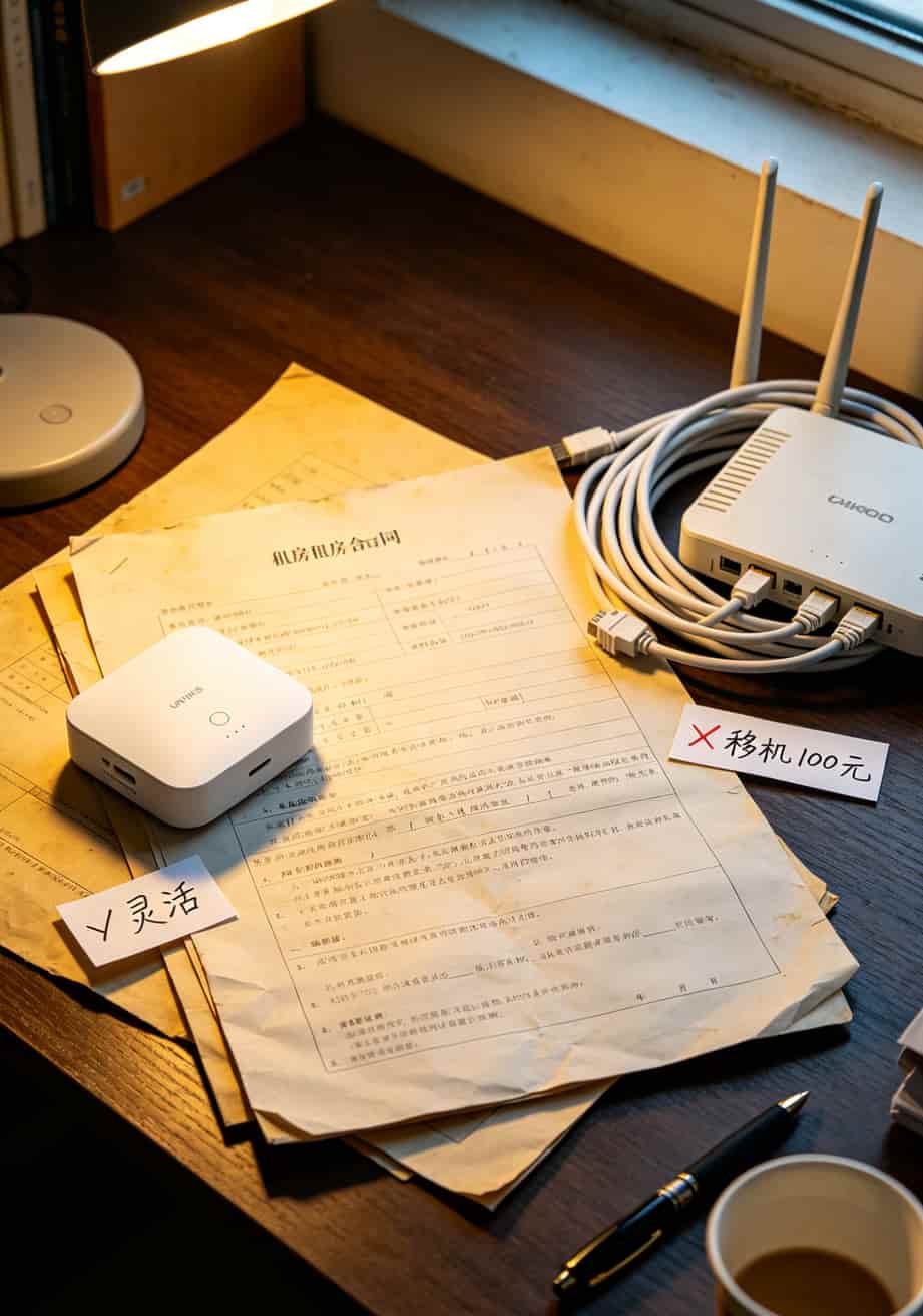 搬家五次才搞明白:定向流量卡中国联通配随身WiFi,一年省下一千块 租房合同旁放着随身WiFi和网线,打叉打勾对比